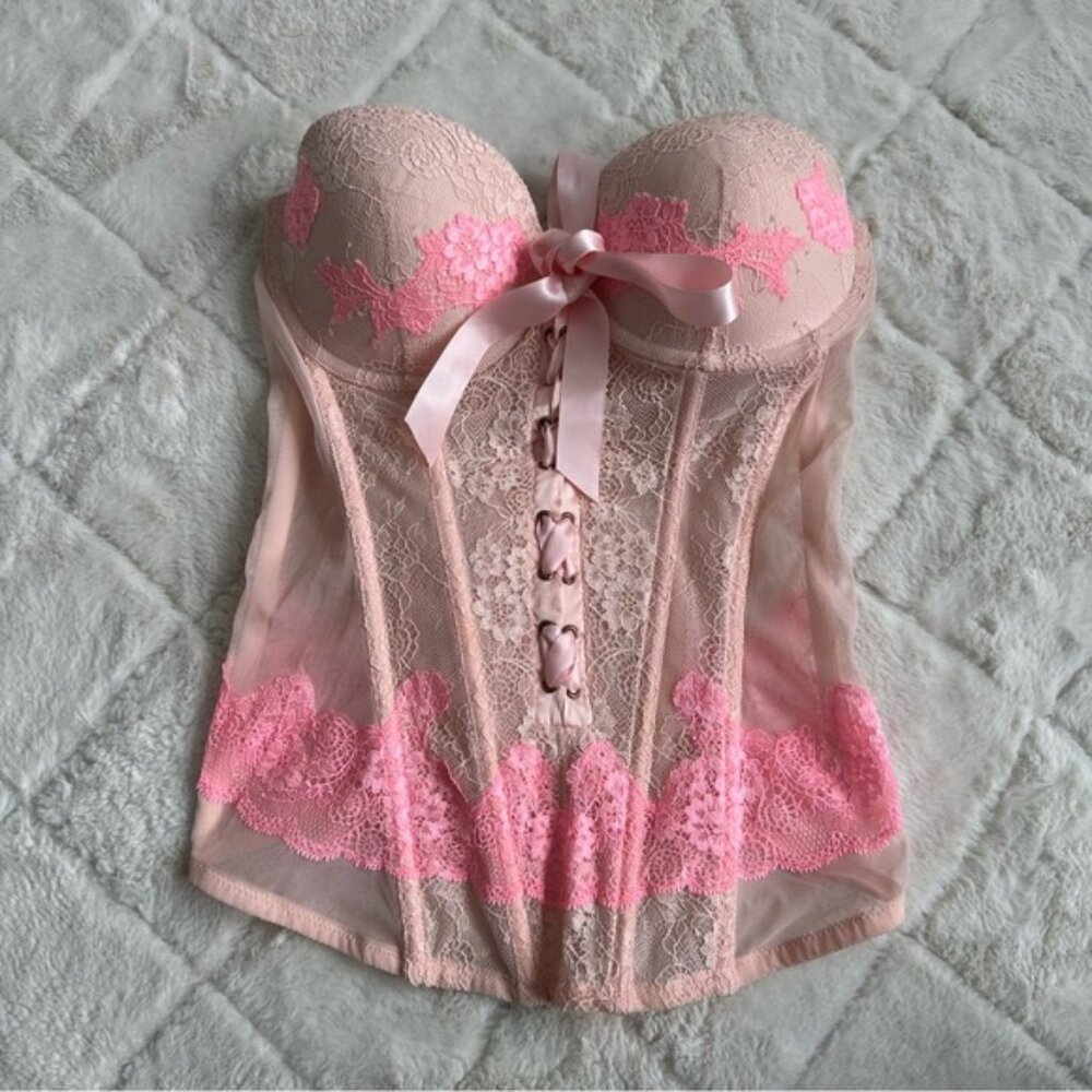 Victoria's Secret | Pink Front Lace Up Lace Bustier Corset | Size 34B